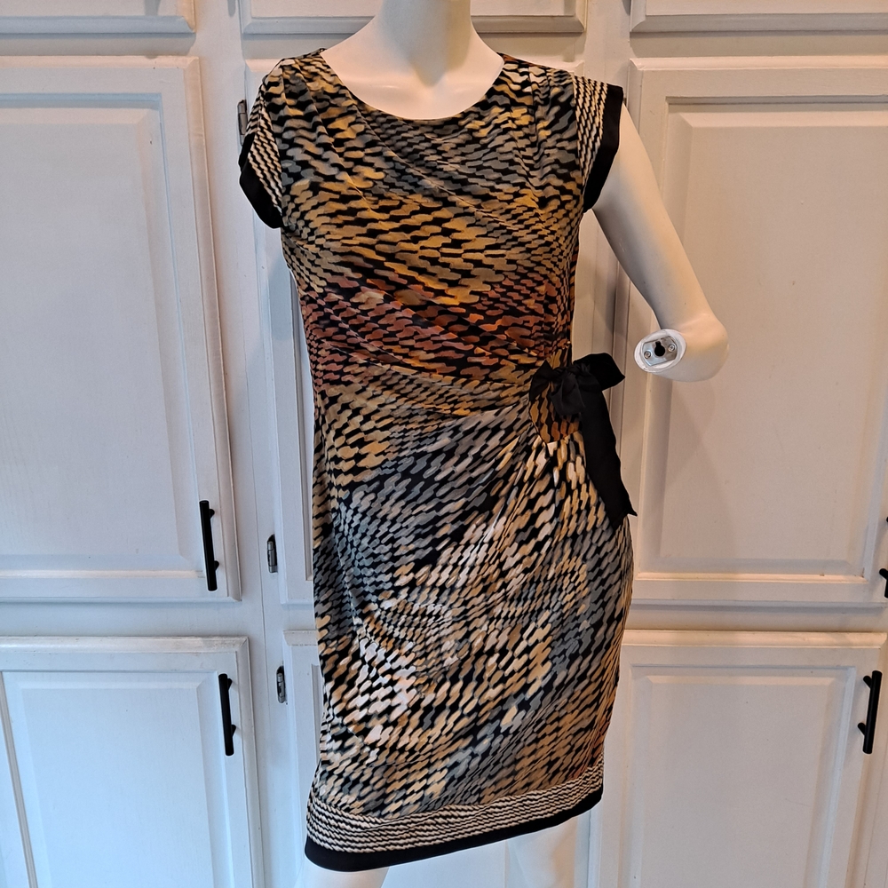 Just...Taylor Black Brown Multicolored Patterned Midi Dress W/Waist Ruching
